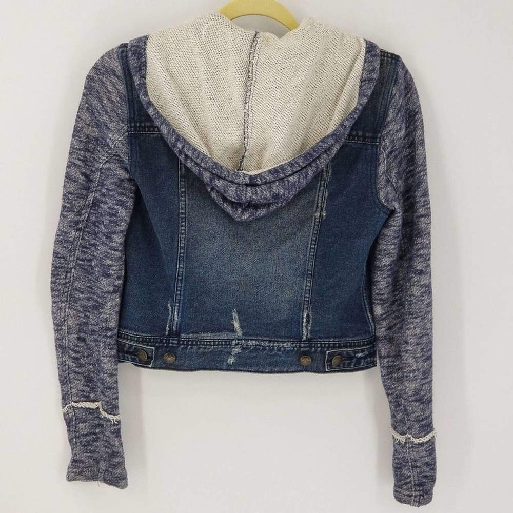 Free People Mixed Media Space Dye Knit Hooded Denim Jean Jacket Blue Size XS - Picture 4 of 8